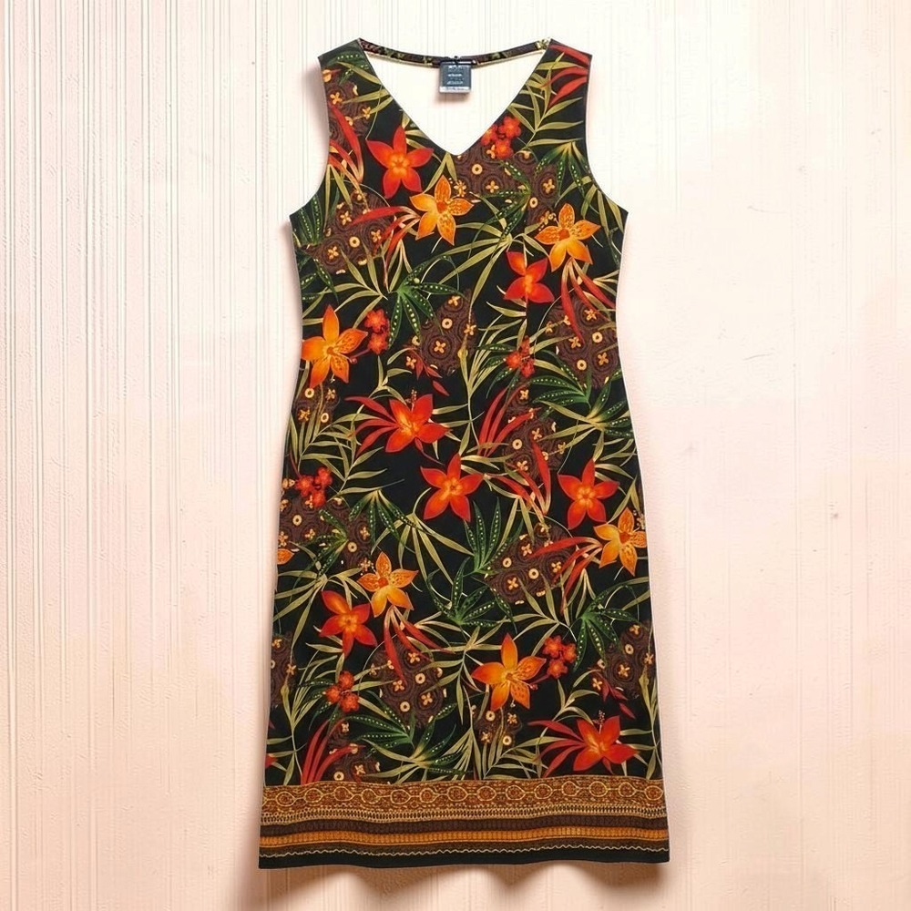 VTG R&K Originals Tropical Floral Midi Dress 12 Black Orange Hibiscus Hawaiian